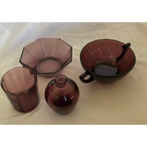 Vintage Hazel Atlas Moroccan Amethyst Glass. Bowl-Vase-Tumbler and Handled Dish